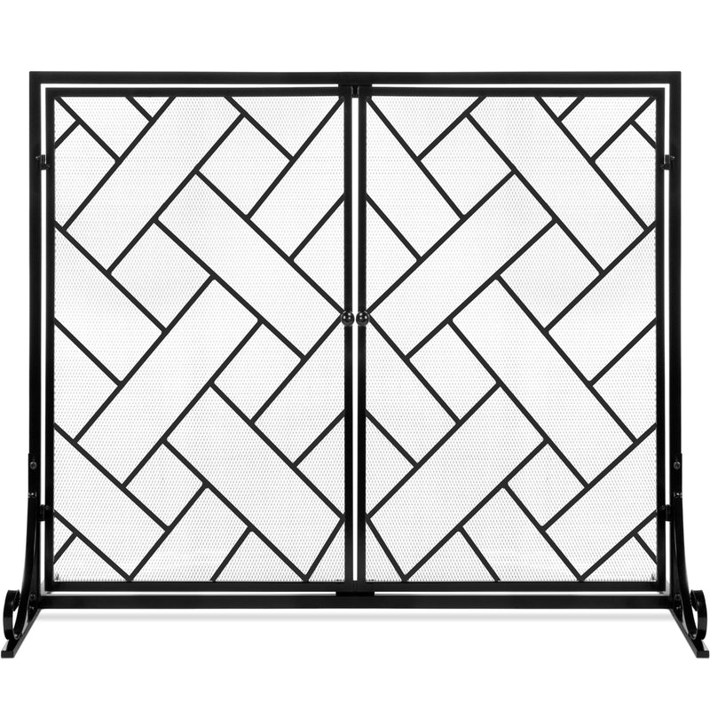 2-Panel Wrought Iron Geometric Fireplace Screen w/ Magnetic Doors - 44x33in