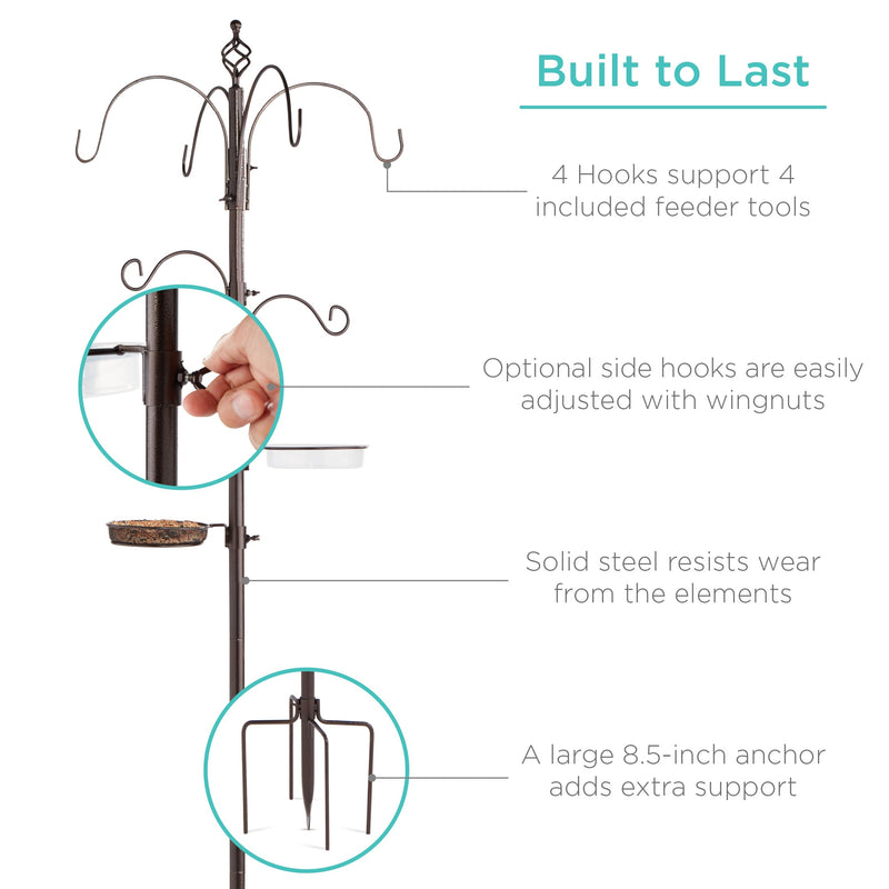 Bird Feeding Station, 6-Hook Steel Multi-Feeder Stand w/ 4 Feeders - 89in