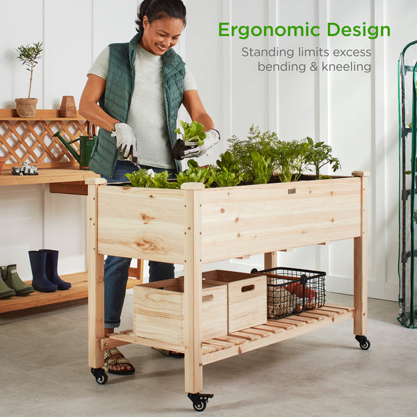 Mobile Raised Garden Bed Elevated Planter w/ Wheels, Shelf - 48x24x32in