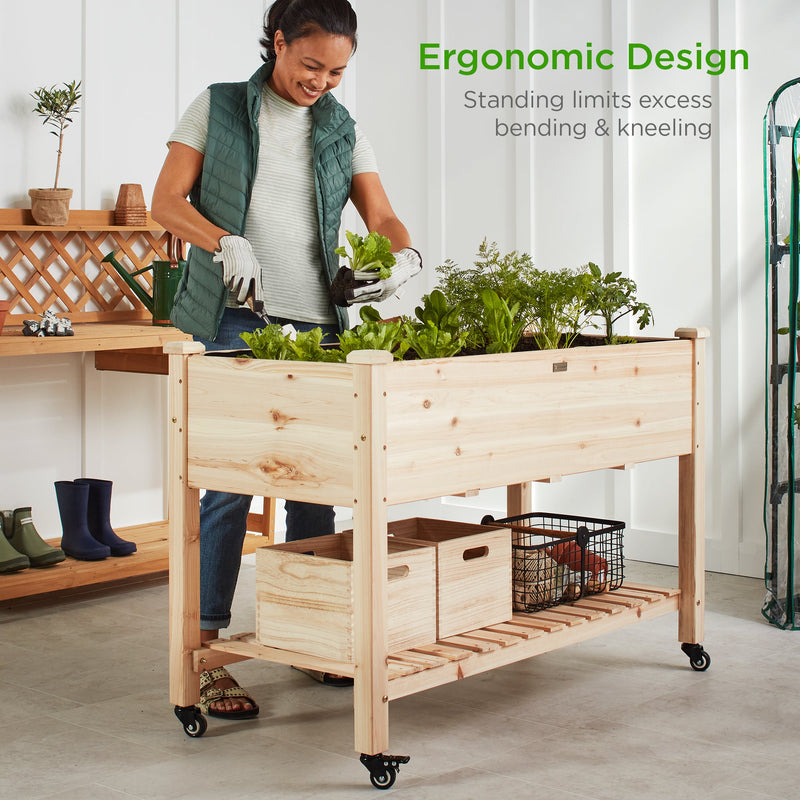 Mobile Raised Garden Bed Elevated Planter w/ Wheels, Shelf - 48x24x32in