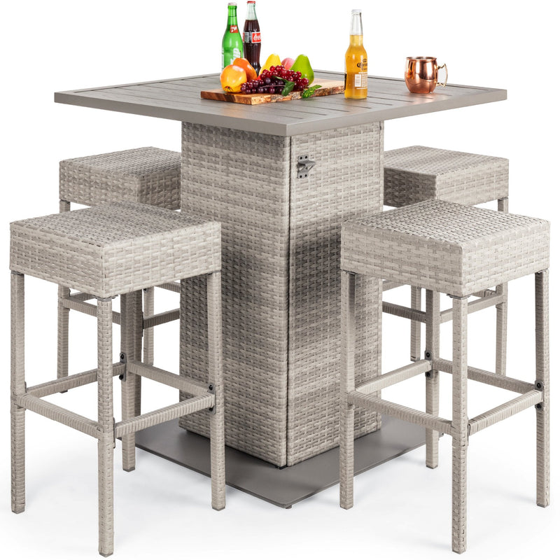 5-Piece Wicker Bar Set w/ 4 Stools, Built-In Bottle Opener, Hidden Storage - Kivo Store