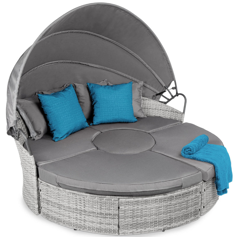 5-Piece 2-in-1 Wicker Daybed Sectional w/ Adjustable Seats, Canopy, Cover - Kivo Store