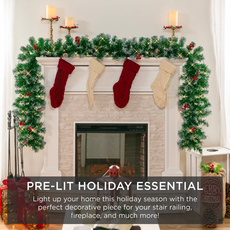 9ft Pre-Lit Christmas Garland w/ 50 Lights, Pine Cones, Berries - Kivo Store