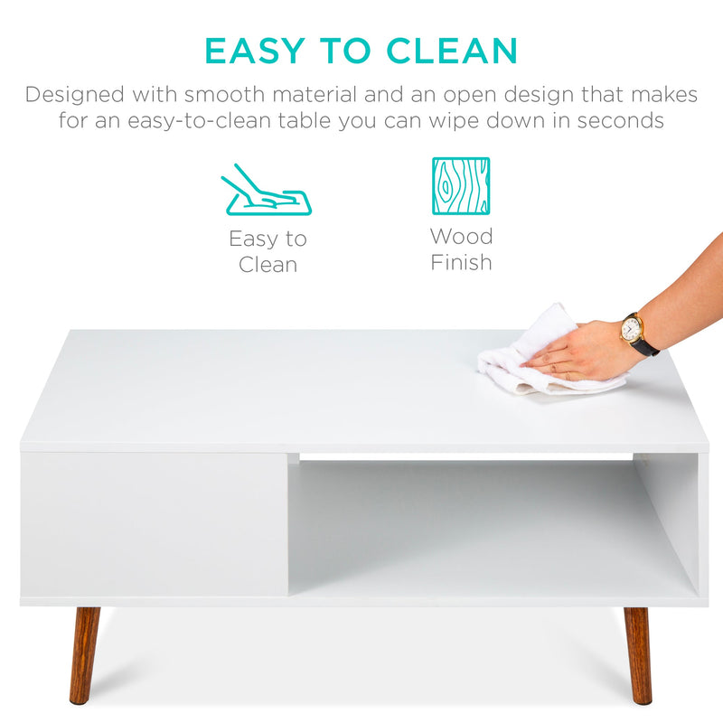Wooden Mid-Century Modern Coffee Accent Table w/ Open Storage Shelf