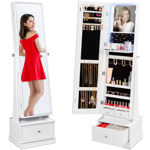 360 Swivel Mirrored Jewelry Cabinet Armoire w/ LED Lights, Mirror - Kivo Store