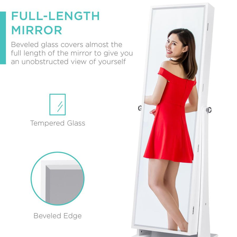 360 Swivel Mirrored Jewelry Cabinet Armoire w/ LED Lights, Mirror - Kivo Store