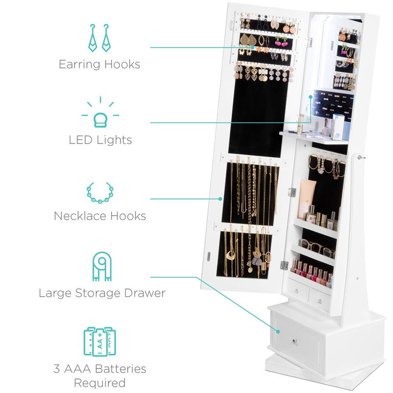 360 Swivel Mirrored Jewelry Cabinet Armoire w/ LED Lights, Mirror - Kivo Store