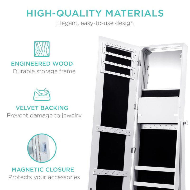 360 Swivel Mirrored Jewelry Cabinet Armoire w/ LED Lights, Mirror - Kivo Store