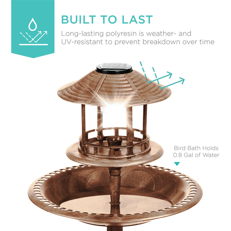 Solar Lighted Outdoor Pedestal Bird Bath w/ Planter, Decorative Bird Cage