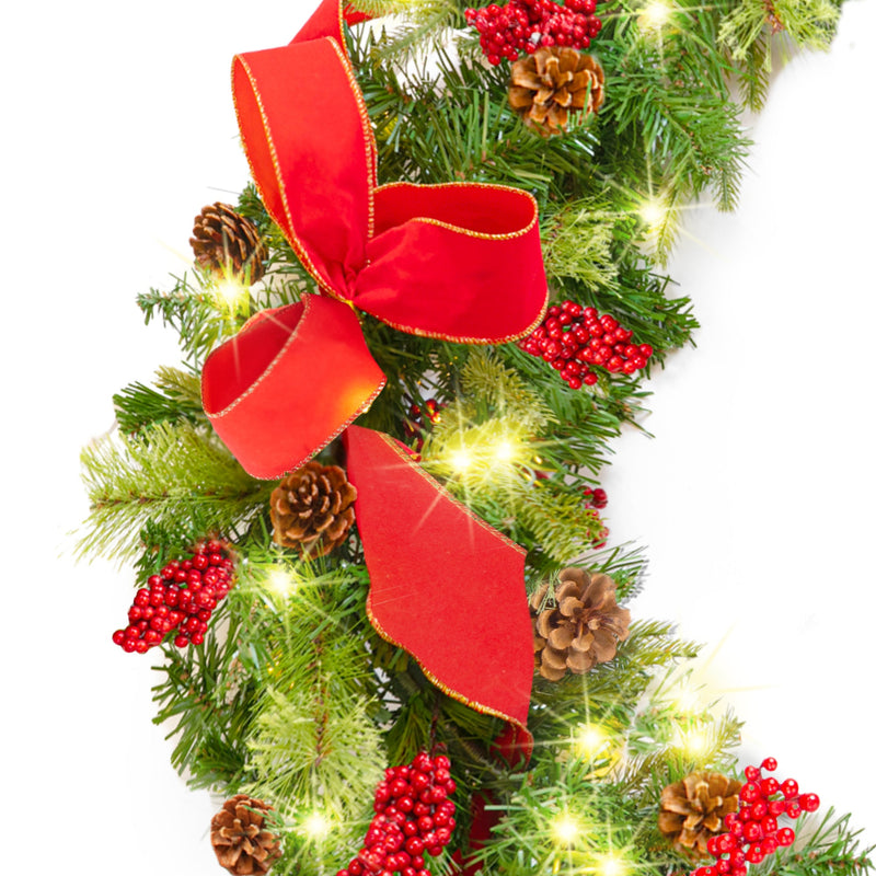 9ft Pre-Lit Christmas Garland w/ 50 Lights, Pine Cones, Berries