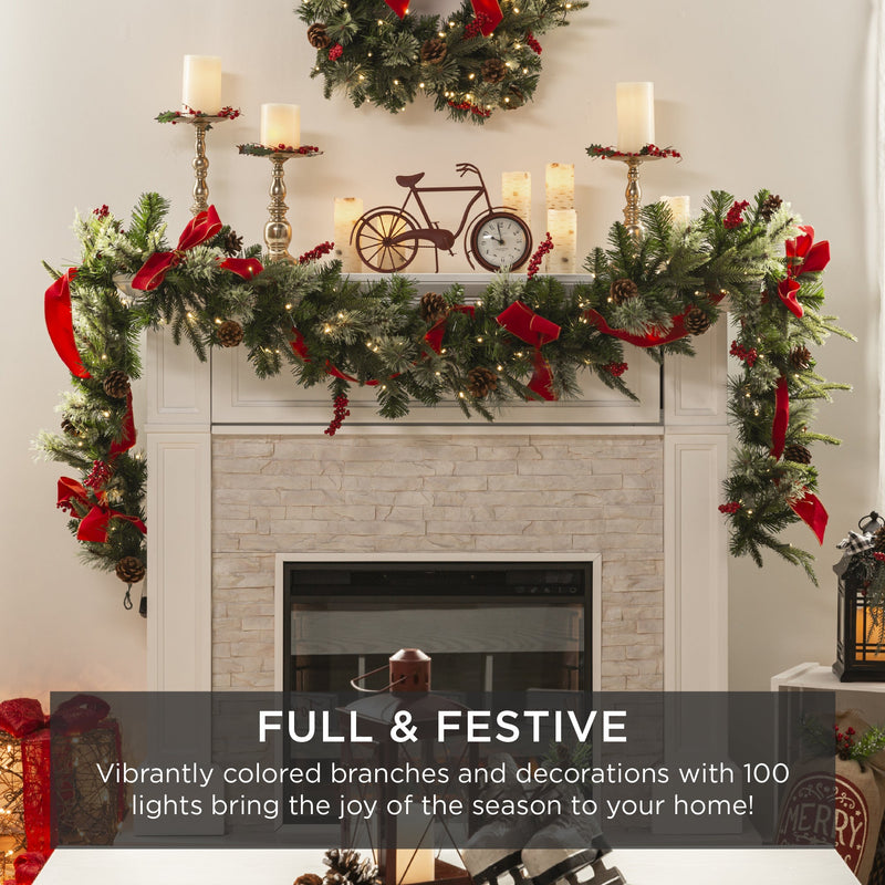9ft Pre-Lit Christmas Garland w/ 50 Lights, Pine Cones, Berries - Kivo Store