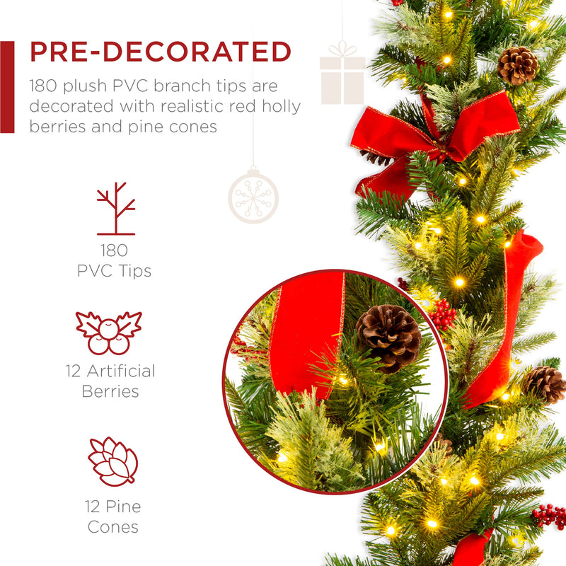 9ft Pre-Lit Christmas Garland w/ 50 Lights, Pine Cones, Berries - Kivo Store