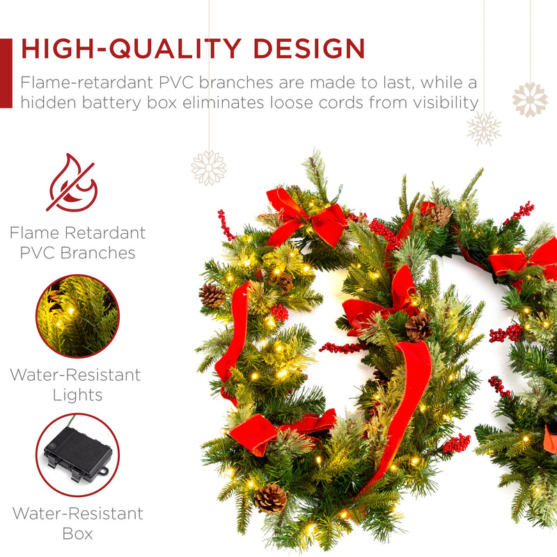 9ft Pre-Lit Christmas Garland w/ 50 Lights, Pine Cones, Berries - Kivo Store