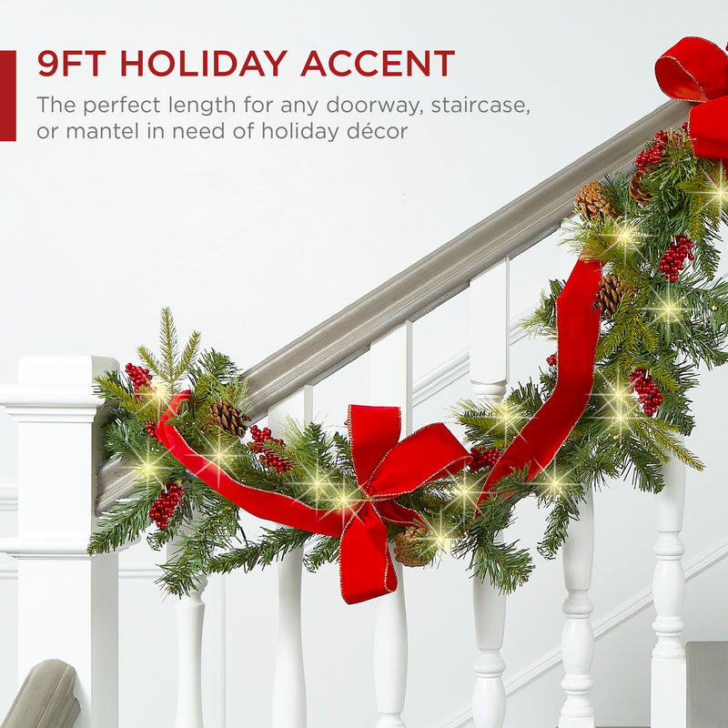 9ft Pre-Lit Christmas Garland w/ 50 Lights, Pine Cones, Berries