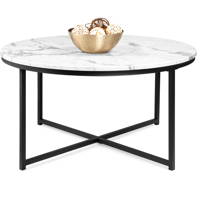 Round Coffee Table w/ Faux Marble Top, Metal Frame - 36in