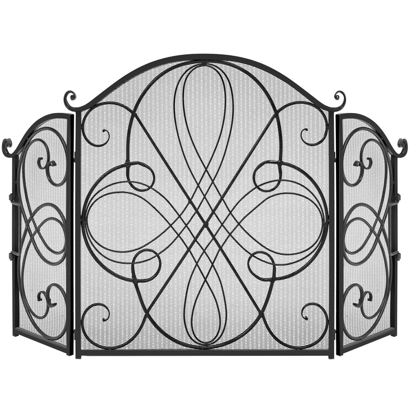 3-Panel Wrought Iron Metal Fireplace Screen Cover w/ Scroll Design - 55x33in