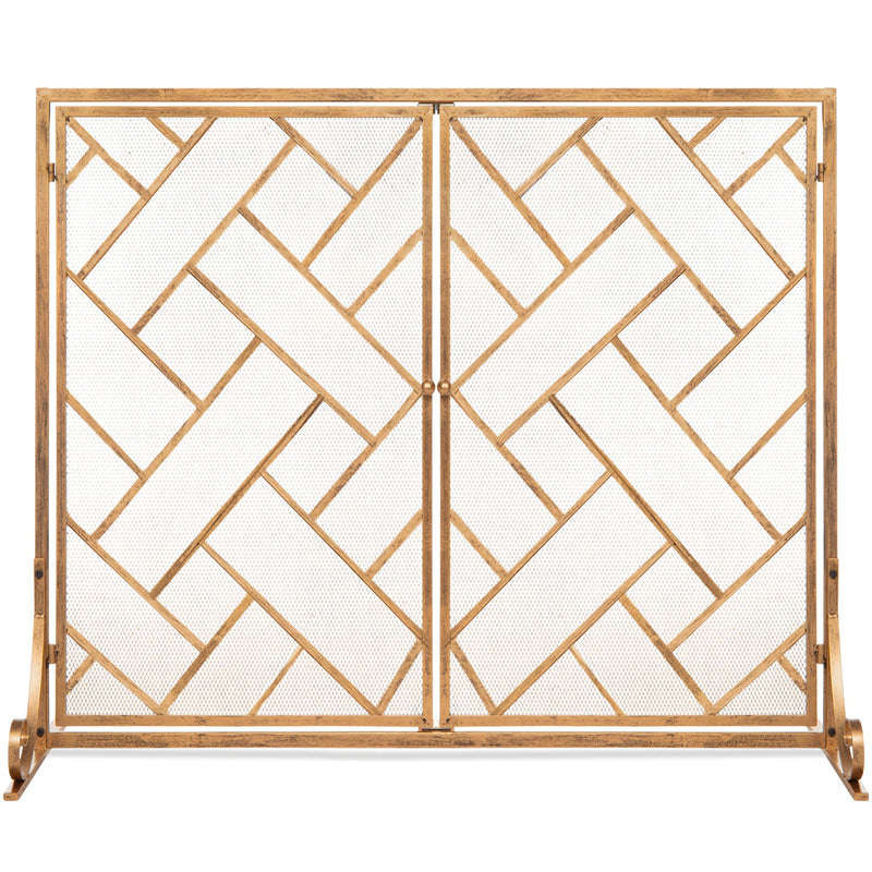 2-Panel Wrought Iron Geometric Fireplace Screen w/ Magnetic Doors - 44x33in