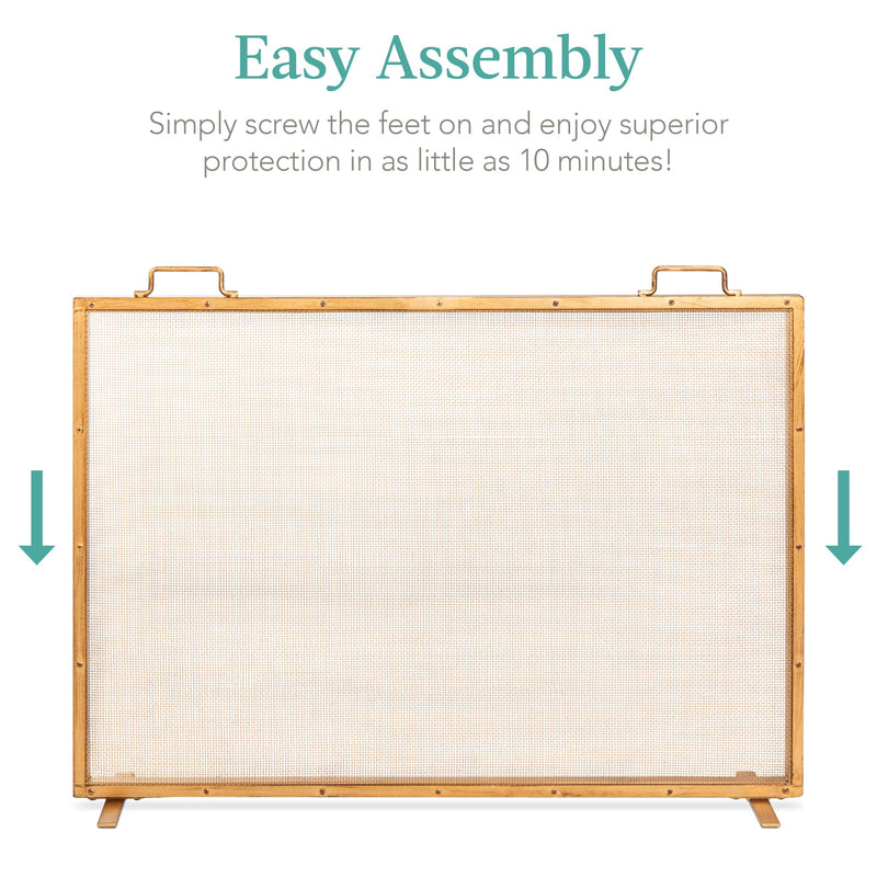 Single Panel Handcrafted Steel Mesh Fireplace Screen w/ Handles - 38x27in