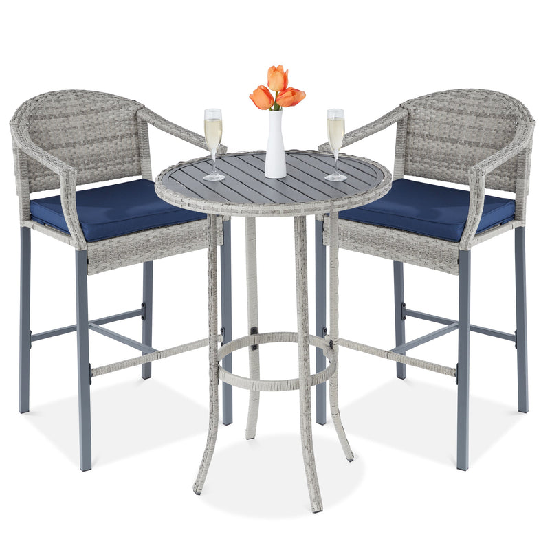 3-Piece Outdoor Bistro Wicker Table Bar Set w/ Bar Stools, Footrests