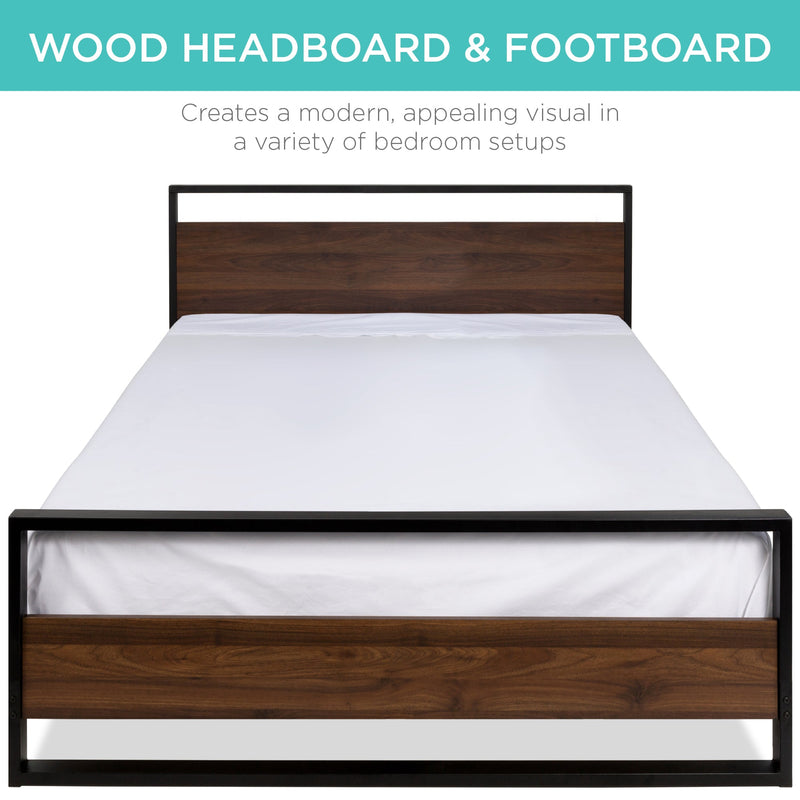 Metal Wood Platform Queen Bed Frame w/ Wooden Slats