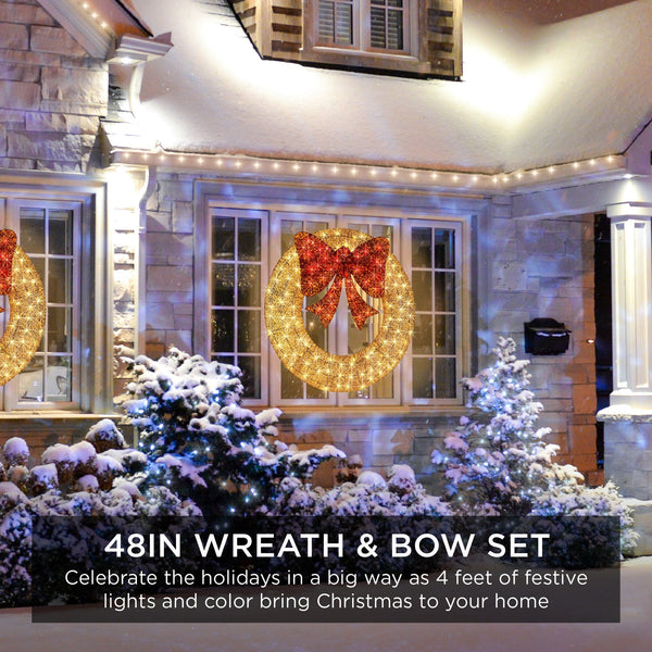 Pre-Lit Outdoor Christmas Wreath, LED Metal Holiday Decor w/ Bow- 48in - Kivo Store