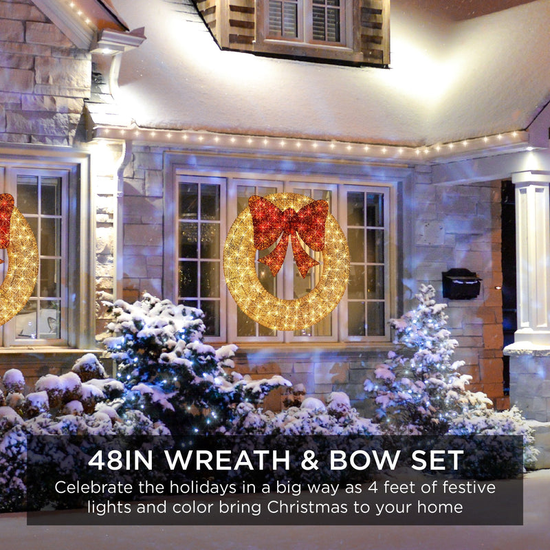 Pre-Lit Outdoor Christmas Wreath, LED Metal Holiday Decor w/ Bow- 48in - Kivo Store
