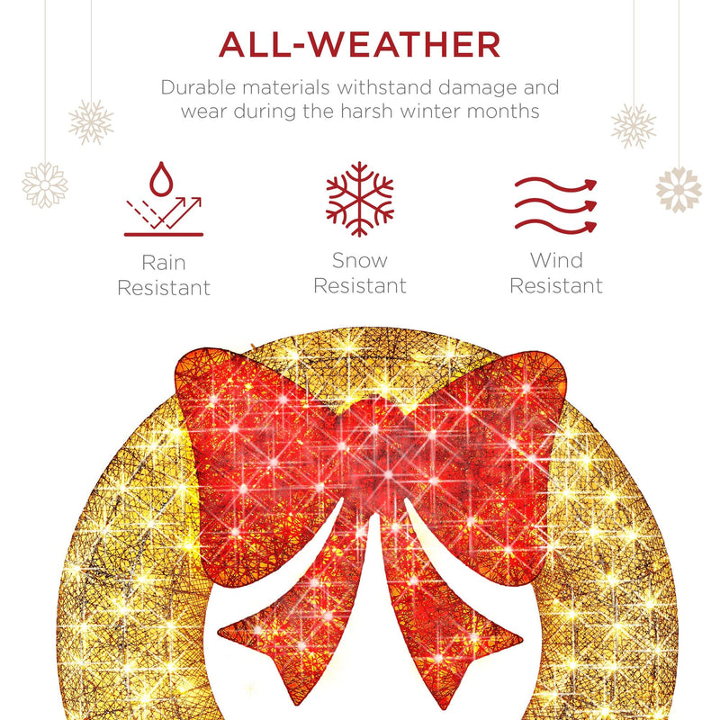 Pre-Lit Outdoor Christmas Wreath, LED Metal Holiday Decor w/ Bow- 48in - Kivo Store