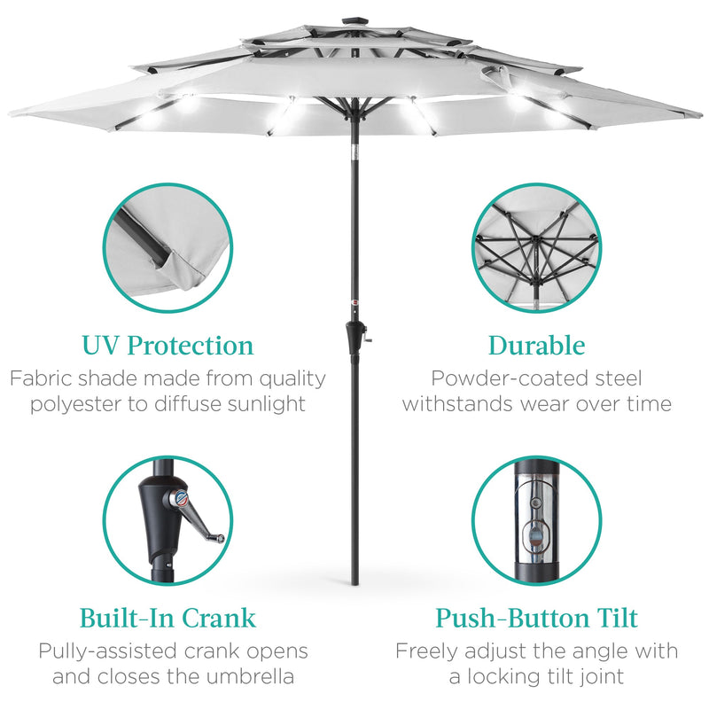 3-Tier Solar Patio Umbrella w/ LED Lights, Tilt Adjustment, Crank - 10ft - Kivo Store
