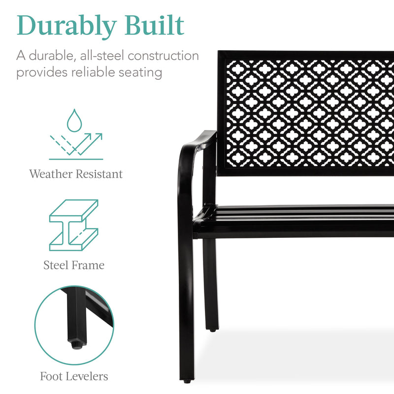 Indoor Outdoor Steel Bench w/ Geometric Backrest, Foot Levelers - Kivo Store