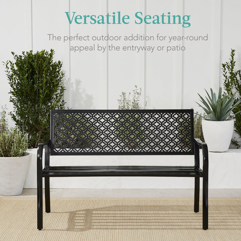 Indoor Outdoor Steel Bench w/ Geometric Backrest, Foot Levelers - Kivo Store