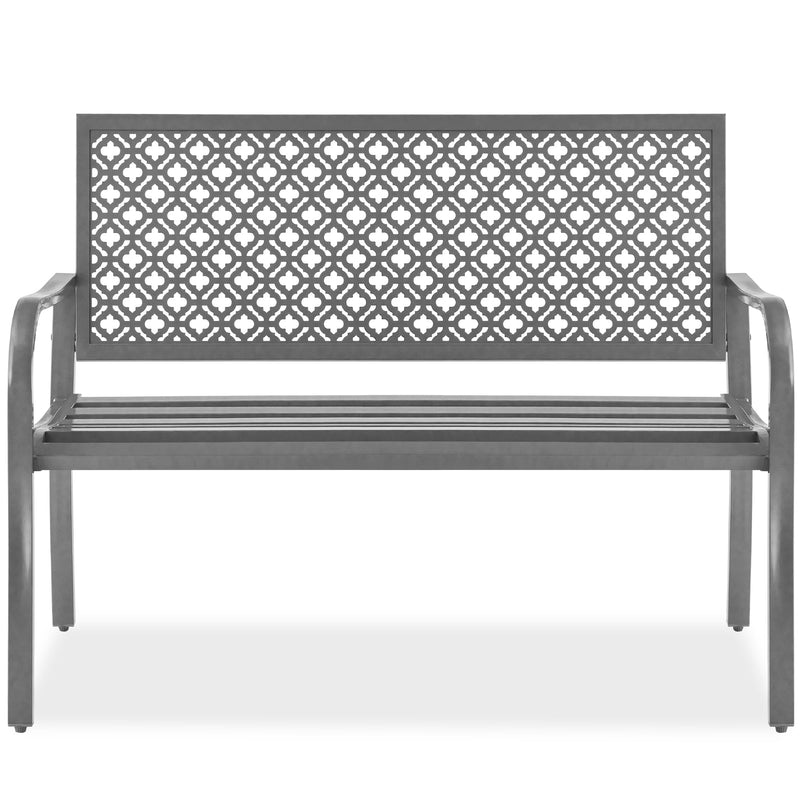 Indoor Outdoor Steel Bench w/ Geometric Backrest, Foot Levelers