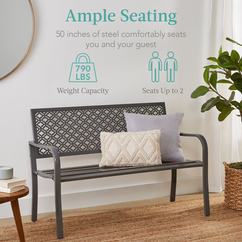 Indoor Outdoor Steel Bench w/ Geometric Backrest, Foot Levelers