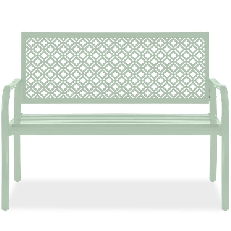 Indoor Outdoor Steel Bench w/ Geometric Backrest, Foot Levelers