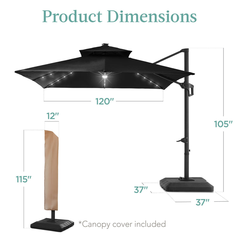 2-Tier Square LED Cantilever Offset Umbrella w/ 360 Rotation, Base - 10x10ft - Kivo Store