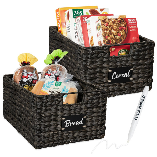 Set of 2 Water Hyacinth Pantry Baskets w/ Chalkboard, Marker - 16in - Kivo Store