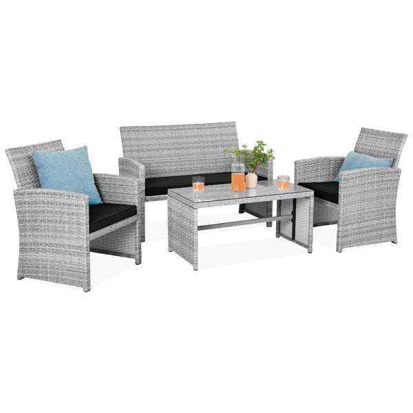 4-Piece Outdoor Wicker Conversation Patio Set w/ 4 Seats, Glass Table Top - Kivo Store