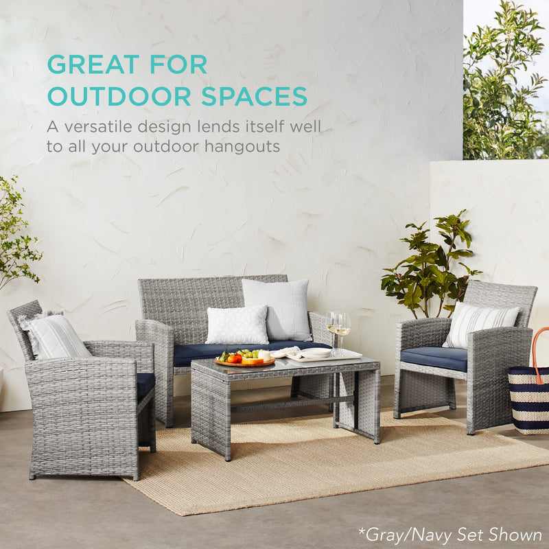 4-Piece Outdoor Wicker Conversation Patio Set w/ 4 Seats, Glass Table Top - Kivo Store