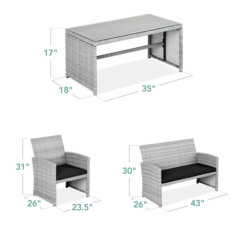 4-Piece Outdoor Wicker Conversation Patio Set w/ 4 Seats, Glass Table Top - Kivo Store