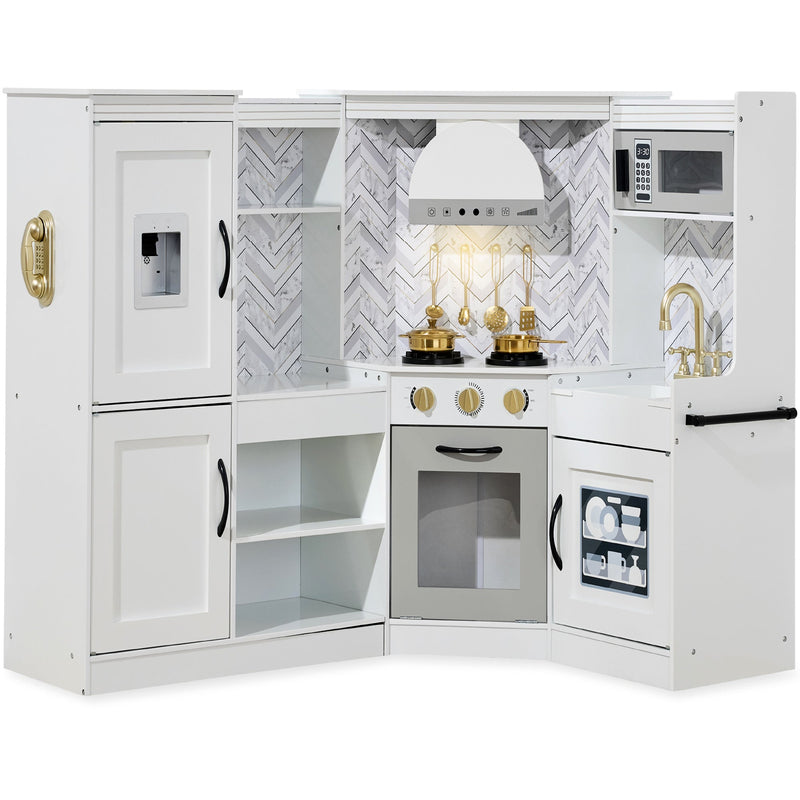 Pretend Play Corner Kitchen Wooden Toy Set for Kids w/ Lights, Sounds