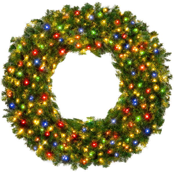 Pre-Lit Artificial Fir Christmas Wreath w/ Multicolor LED Lights, PVC Tips - Kivo Store
