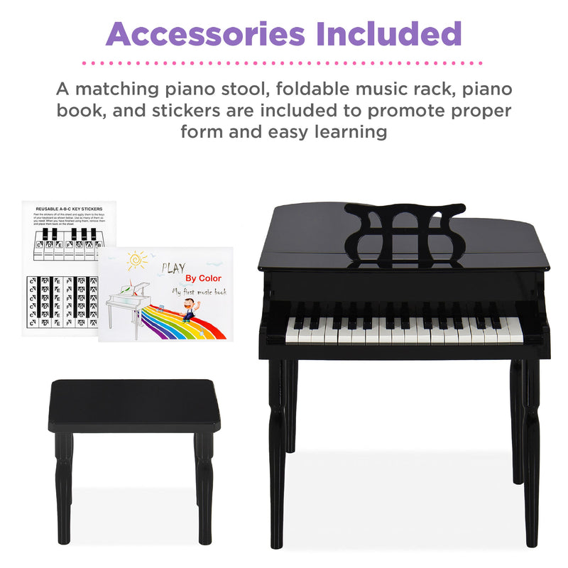 Kids Mini Wooden Grand Piano w/ Lid, Bench, Music Rack, Song Book, Stickers