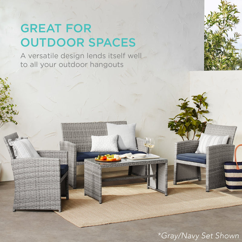 4-Piece Outdoor Wicker Conversation Patio Set w/ 4 Seats, Glass Table Top - Kivo Store