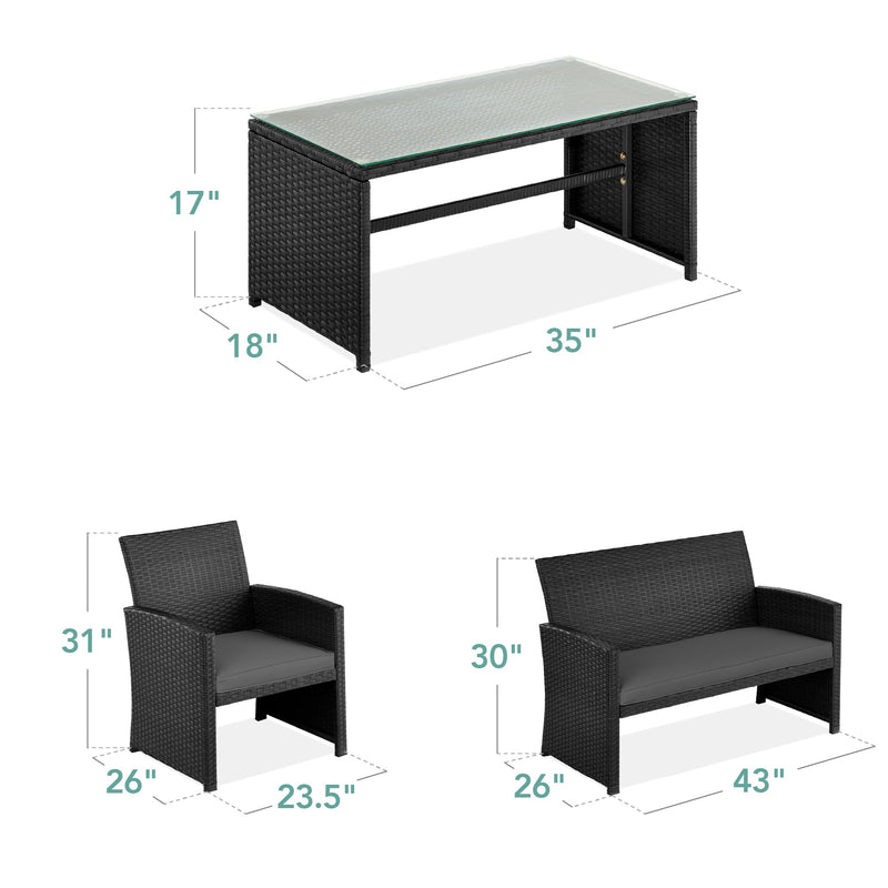 4-Piece Outdoor Wicker Conversation Patio Set w/ 4 Seats, Glass Table Top - Kivo Store