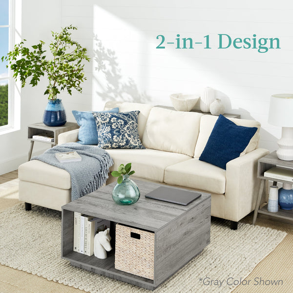 Square Rustic Modern Lift Top Coffee Table w/ Cubby