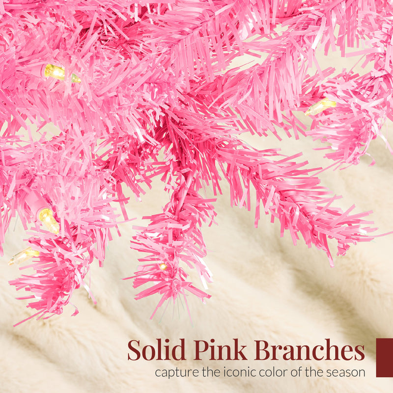 Pre-Lit Artificial Pink Christmas Tree w/ Incandescent Lights, Metal Stand