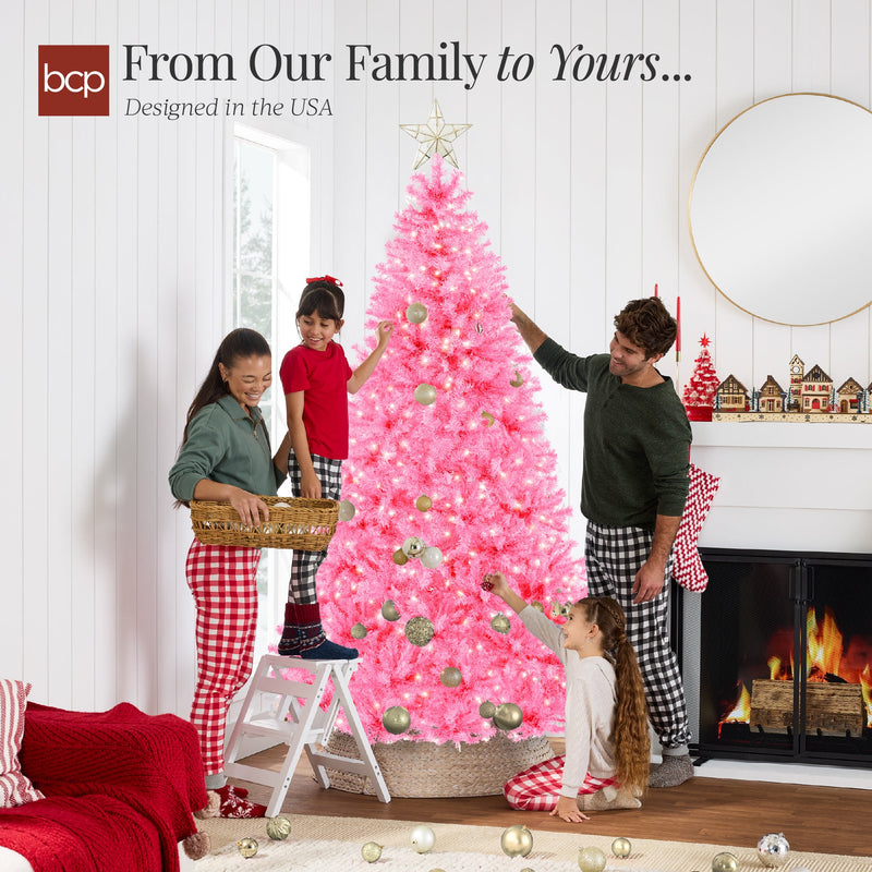 Pre-Lit Artificial Pink Christmas Tree w/ Incandescent Lights, Metal Stand