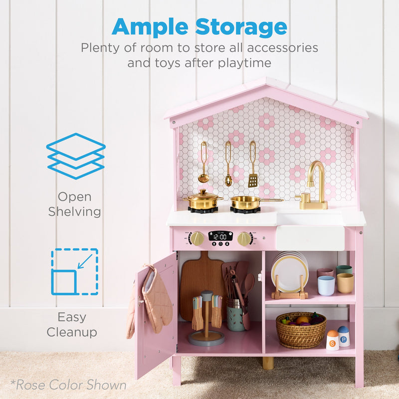 Pretend Play Wooden Farmhouse Kitchen Set w/ Storage, 5 Accessories