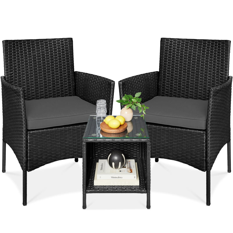 3-Piece Outdoor Patio Wicker Bistro Set w/ Side Storage Table