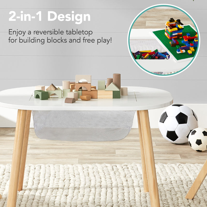 2-in-1 Kid's Building Block Table w/ 2 Stools, Storage Compartment
