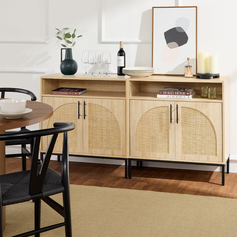 2-Door Rattan Cabinet, Buffet, w/ Cord Cutout & Storage Shelf, Natural